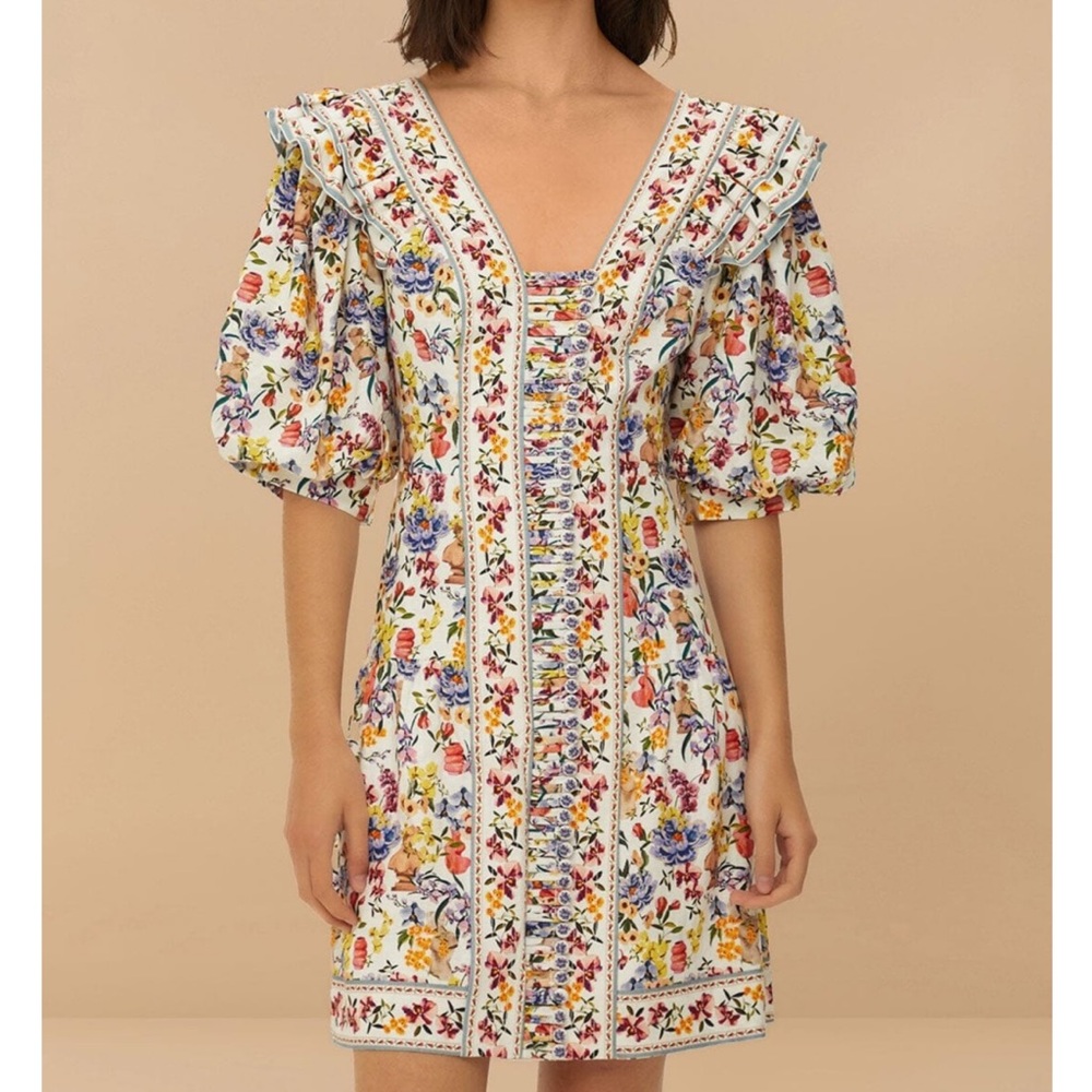 New! FARM RIO ruffled floral-print linen mini dress size M